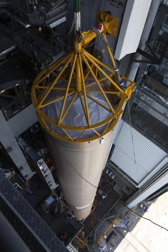 TDRS-M Atlas V First Stage Booster Lift to Vertical on Stand (LV