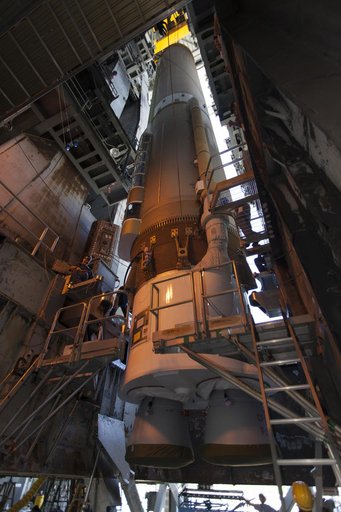 TDRS-M Atlas V First Stage Booster Lift to Vertical on Stand (LV