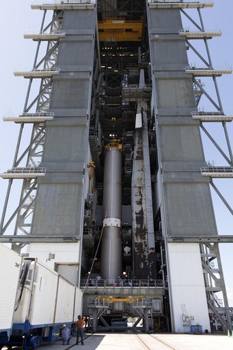 TDRS-M Atlas V First Stage Booster Lift to Vertical on Stand (LV
