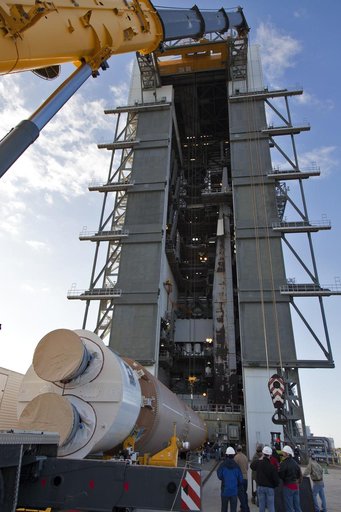 GOES-S Atlas V First Stage Booster Lift to Vertical On Stand (LV