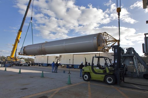 GOES-S Atlas V First Stage Booster Lift to Vertical On Stand (LV