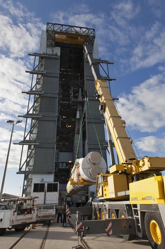 GOES-S Atlas V First Stage Booster Lift to Vertical On Stand (LV