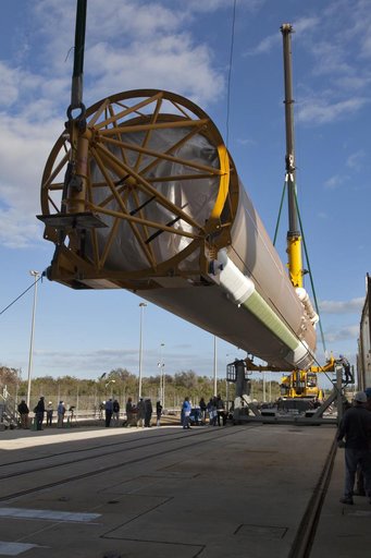 GOES-S Atlas V First Stage Booster Lift to Vertical On Stand (LV