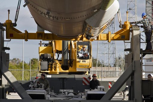 GOES-S Atlas V First Stage Booster Lift to Vertical On Stand (LV