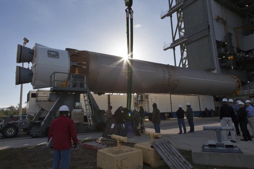 GOES-S Atlas V First Stage Booster Lift to Vertical On Stand (LV