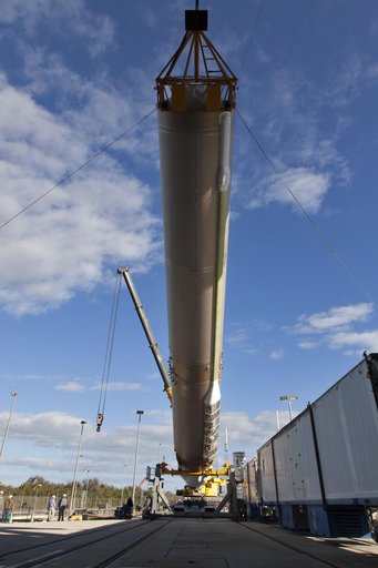 GOES-S Atlas V First Stage Booster Lift to Vertical On Stand (LV