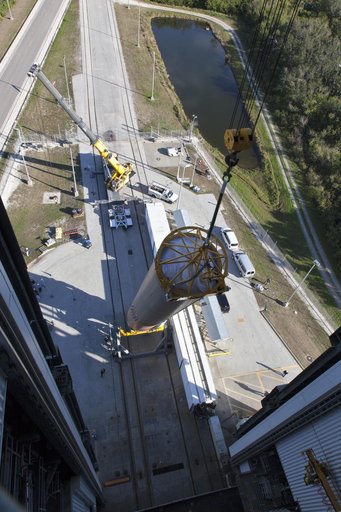 GOES-S Atlas V First Stage Booster Lift to Vertical On Stand (LV