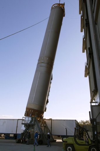 GOES-S Atlas V First Stage Booster Lift to Vertical On Stand (LV