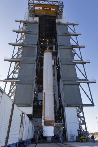 GOES-S Atlas V First Stage Booster Lift to Vertical On Stand (LV