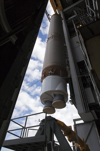 GOES-S Atlas V First Stage Booster Lift to Vertical On Stand (LV