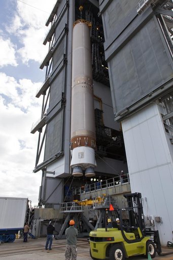 GOES-S Atlas V First Stage Booster Lift to Vertical On Stand (LV