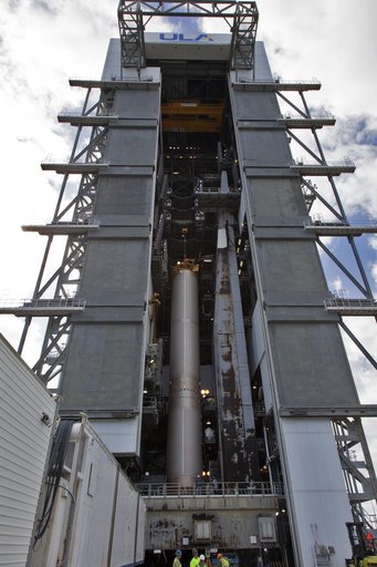 GOES-S Atlas V First Stage Booster Lift to Vertical On Stand (LV