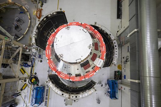 Artemis I Spacecraft Adapter Jettison Fairing Install