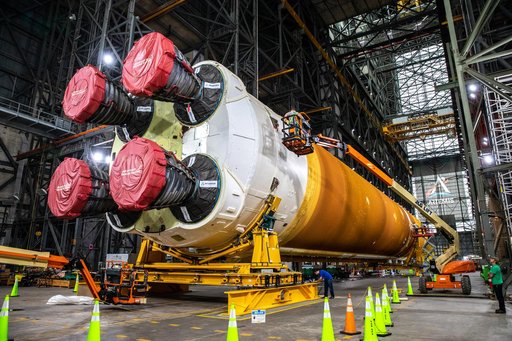 Artemis I Core Stage and Boosters in VAB