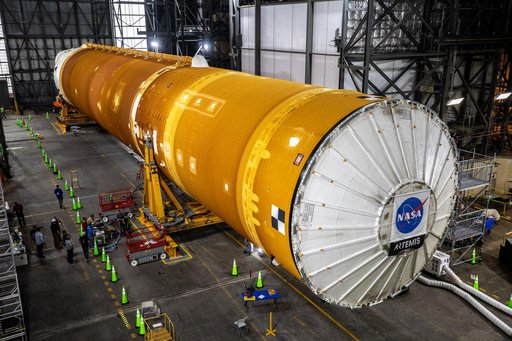 Artemis I Core Stage and Boosters in VAB