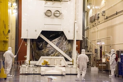 Landsat 9 Spacecraft (Observatory) Unloading from Shipping Conta