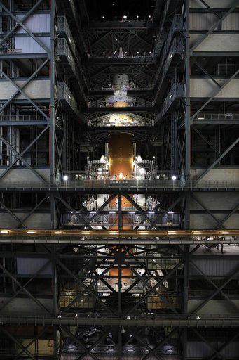 Fully-stacked views of the Artemis I SLS rocket