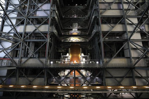 Fully-stacked views of the Artemis I SLS rocket