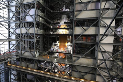 Fully-stacked views of the Artemis I SLS rocket