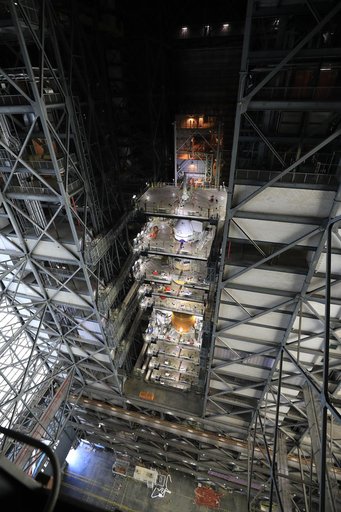 Fully-stacked views of the Artemis I SLS rocket