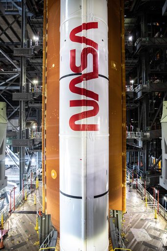 Artemis I WDR Pre-Rollout Activities - NASA Worm on SRBs