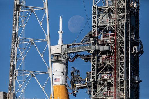 Artemis I at Pad 39B - Moon Visible