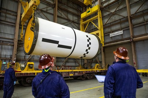 Artemis II Booster Processing - Segment Lift to Work Stand