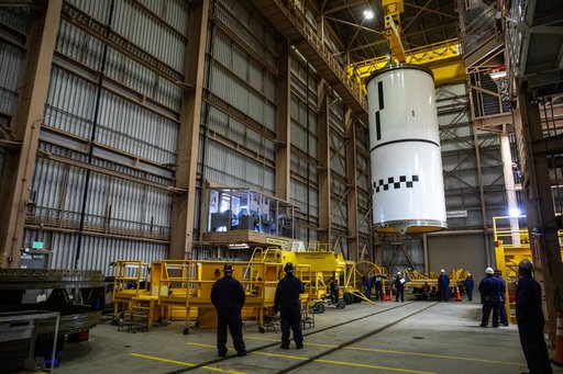 Artemis II Booster Processing - Segment Lift to Work Stand