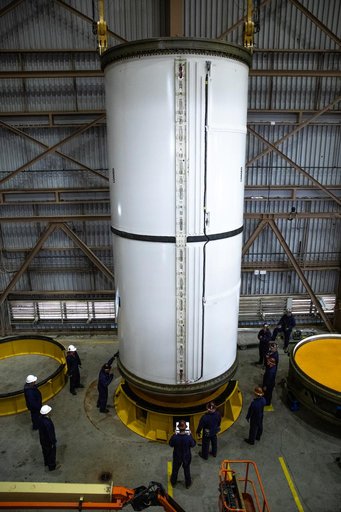 Artemis II Booster Processing - Segment Lift to Work Stand