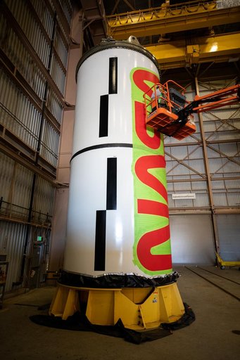NASA Worm Logo Painting on Artemis II Booster