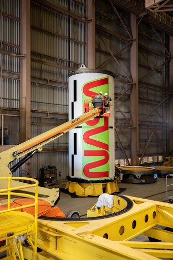 NASA Worm Logo Painting on Artemis II Booster