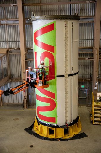 NASA Worm Logo Painting on Artemis II Booster