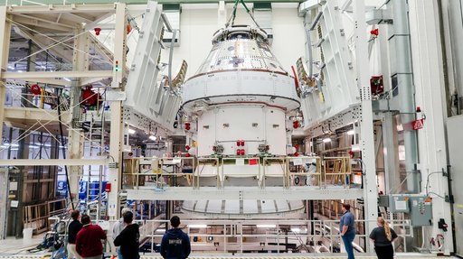 Artemis II Orion Lifted into Vacuum Chamber