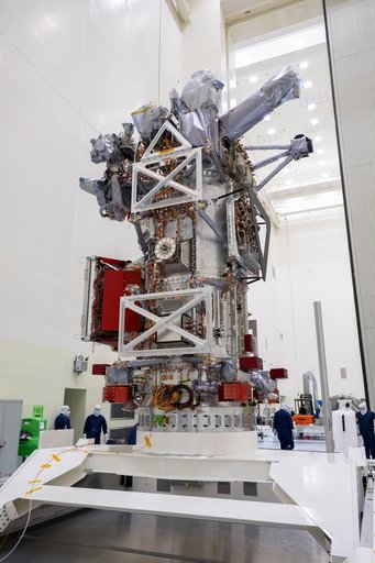 Europa Clipper Spacecraft Rotate to Vertical, Lift and Mate to Work Stand