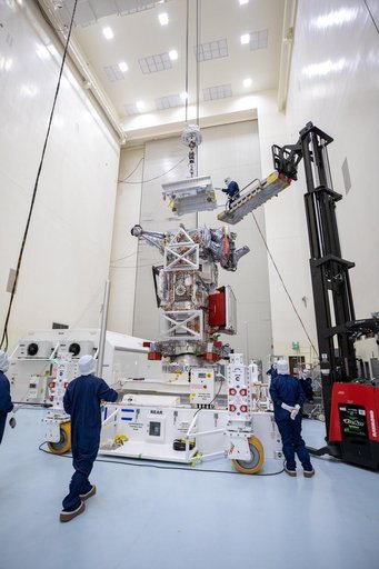 Europa Clipper Spacecraft Rotate to Vertical, Lift and Mate to Work Stand