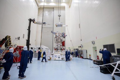 Europa Clipper Spacecraft Rotate to Vertical, Lift and Mate to Work Stand