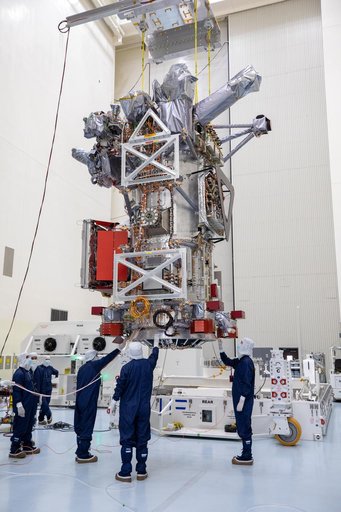 Europa Clipper Spacecraft Rotate to Vertical, Lift and Mate to Work Stand