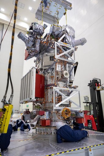 Europa Clipper Spacecraft Rotate to Vertical, Lift and Mate to Work Stand