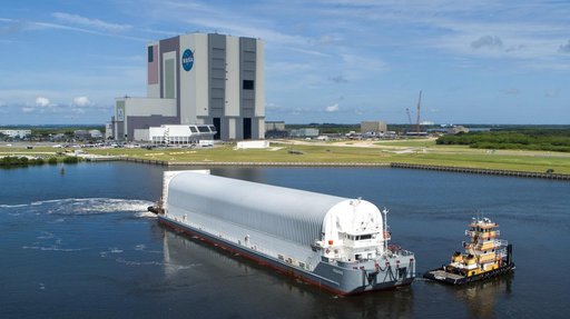 Artemis II Core Stage Arrival at KSC - DRONE