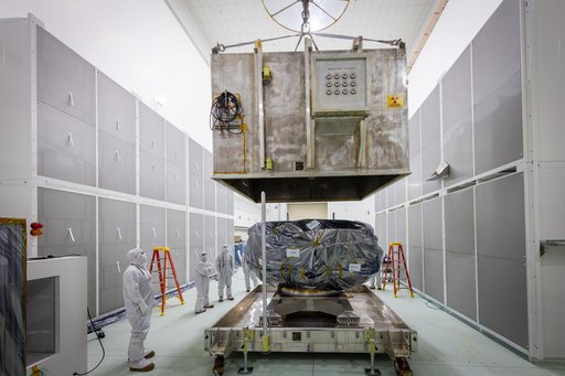 NASA's IMAP Spacecraft Lift to Work Stand and Unbagging