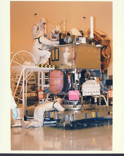 KENNEDY SPACE CENTER, FLA. -  In the Payload Hazardous Servicing Facility at KSC, installation is under way of the Mars Orbiter Camera (MOC) on the Mars Global Surveyor spacecraft.  The MOC is one of a suite of six scientific instruments that will gather data about Martian topography, mineral distri