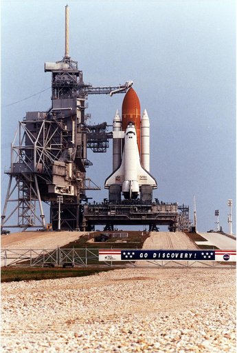 KENNEDY SPACE CENTER, FLA. -  The Rotating Service Structure has been retracted at KSC's Launch Pad 39A.   Discovery, the orbiter for the STS-82 mission, is ready for the launch of the second Hubble Space Telescope service mission.  The payload consists of the Near Infrared Camera and Multi-Object S