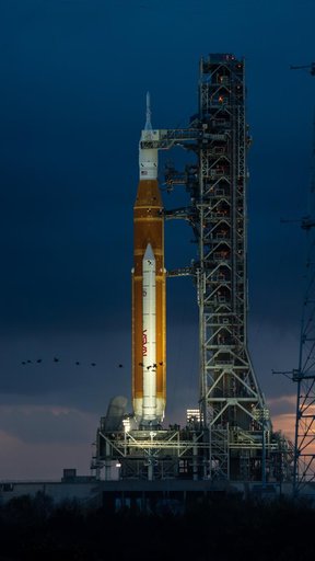 NASA's SLS Rocket and Orion Spacecraft at Sunset