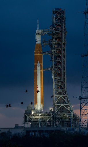 NASA's SLS Rocket and Orion Spacecraft at Sunset
