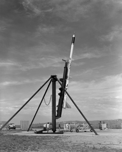 First AFSWC Javelin Sounding Rocket On Launcher at Wallops Island.