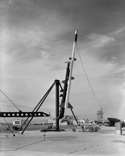 First AFSWC Javelin Sounding Rocket On Launcher at Wallops Island.