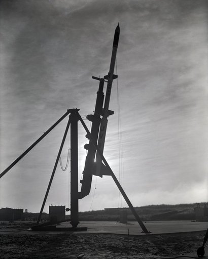 First AFSWC Javelin Sounding Rocket On Launcher at Wallops Island.