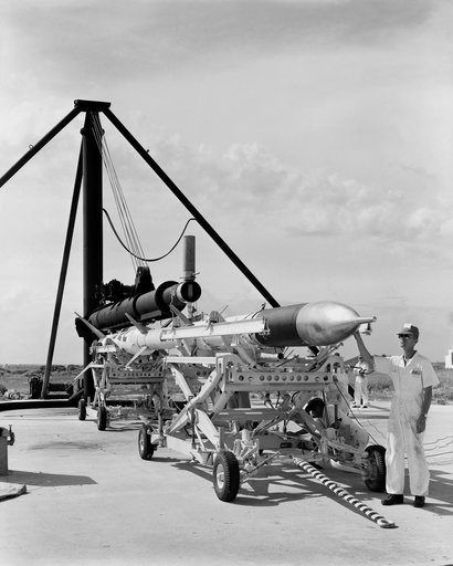 First AFSWC Javelin Sounding Rocket On Launcher at Wallops Island.