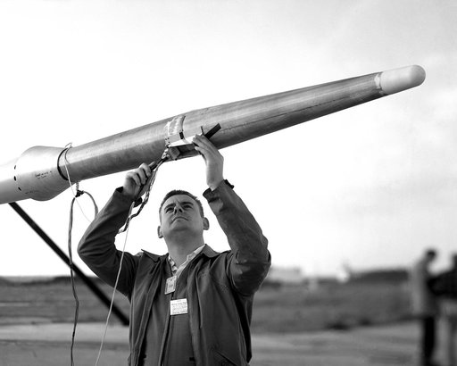 First University of Michigan Strongarm sounding rocket on launcher at Wallops for test, November 10, 1959E5-188 Shop and Launcher Pictures