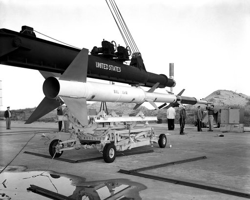 First University of Michigan Strongarm sounding rocket on launcher at Wallops for test, November 10, 1959E5-188 Shop and Launcher Pictures